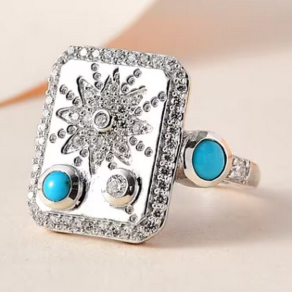 Sleeping Beauty Turquoise and Moissanite SILVER RING Sun Starburst Medallion 6 - Picture 1 of 4
